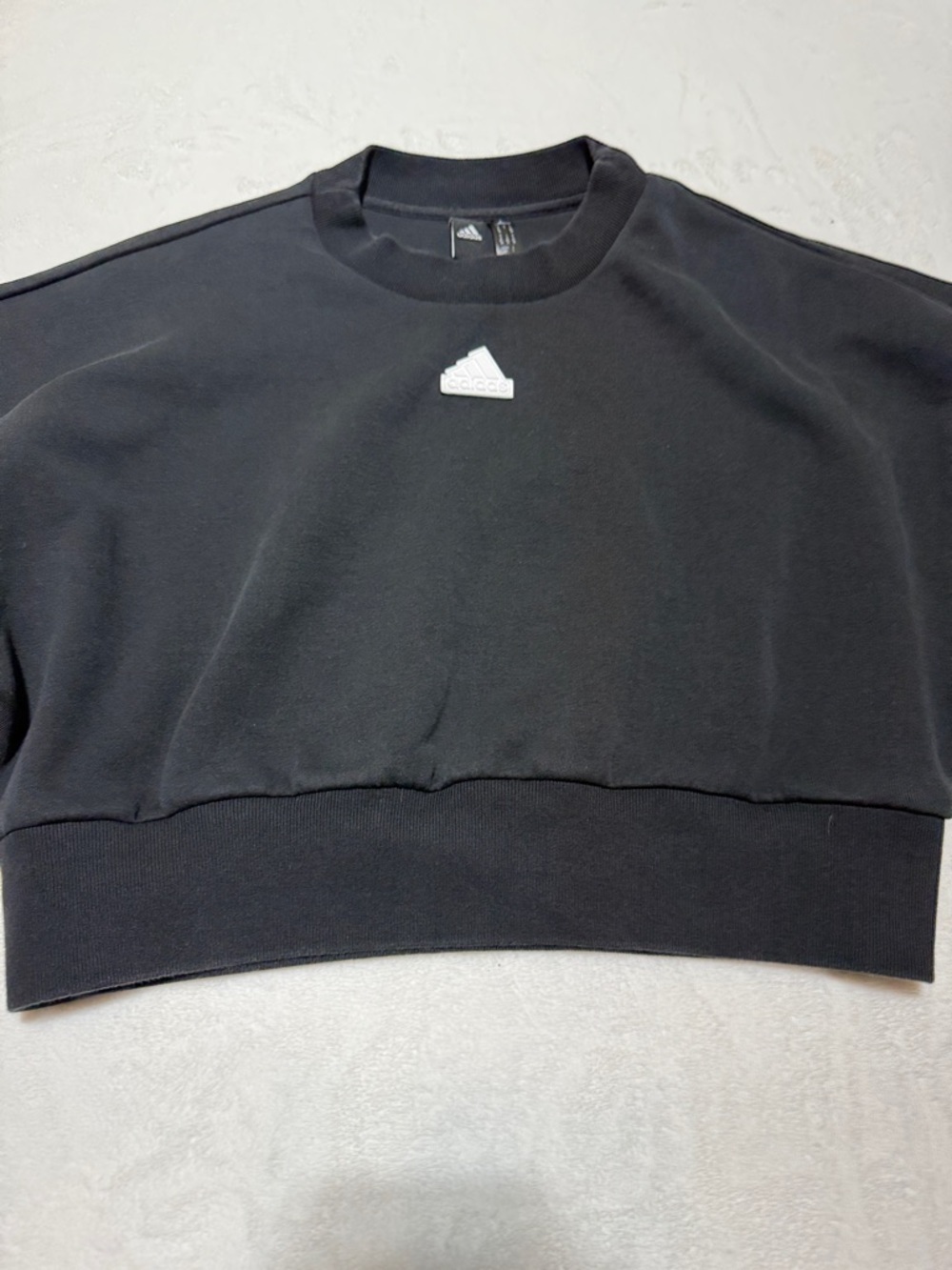 adidas Black Cropped Crewneck Sweatshirt with White Sleeve Stripes - Picture 3 of 9